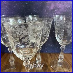 Set 6 VTG Fostoria NAVARRE CLEAR 7 5/8 Etched Crystal Water Glasses 10 oz MCM