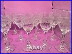 Set Of 13 Vintage Etched Crystal Wine Glasses Wheat Harvest Pattern Mid Century