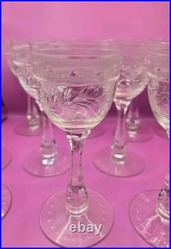 Set Of 13 Vintage Etched Crystal Wine Glasses Wheat Harvest Pattern Mid Century