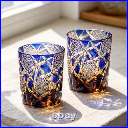 Set Of 2 Pieces Blue Edo Kiriko Whiskey Tumbler 9oz Cut-to-Clear Crystal Glass