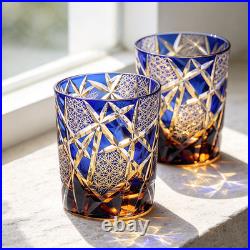 Set Of 2 Pieces Blue Edo Kiriko Whiskey Tumbler 9oz Cut-to-Clear Crystal Glass