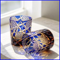 Set Of 2 Pieces Blue Edo Kiriko Whiskey Tumbler 9oz Cut-to-Clear Crystal Glass