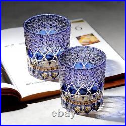 Set Of 2 Pieces Blue Hand Cut To Clear Crystal Wine Beverage Whiskey Glass 9oz