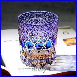Set Of 2 Pieces Blue Hand Cut To Clear Crystal Wine Beverage Whiskey Glass 9oz