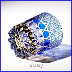 Set Of 2 Pieces Blue Hand Cut To Clear Crystal Wine Beverage Whiskey Glass 9oz