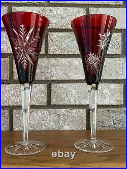 Set Of 2 Waterford Red Ruby Snow Crystals Champagne Flutes Snowflakes