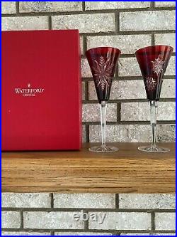 Set Of 2 Waterford Red Ruby Snow Crystals Champagne Flutes Snowflakes