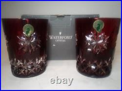 Set Of 2 Waterford Snow Crystals Ruby Red Whiskey Double Old Fashioned Glasses