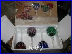 Set Of 4 Ajka Karo Cut Cased Crystal Wine Goblets Made In Hungary With Box