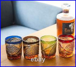 Set Of 4Colors Vintage Crystal Whiskey Glasses Tumbler Hand Carved Glassware 9oz