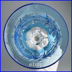 Set Of 5 Hand Cut Light Blue Overlay Crystal Wine Goblets Daisy Pattern 8 Inch