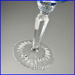 Set Of 5 Hand Cut Light Blue Overlay Crystal Wine Goblets Daisy Pattern 8 Inch