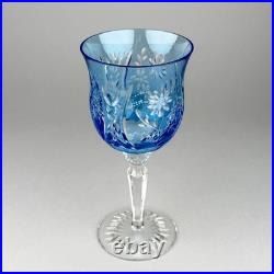 Set Of 5 Hand Cut Light Blue Overlay Crystal Wine Goblets Daisy Pattern 8 Inch