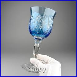 Set Of 5 Hand Cut Light Blue Overlay Crystal Wine Goblets Daisy Pattern 8 Inch