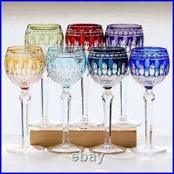 Set Of 7 Colors Vintage Style Hand Cut To Clear Crystal Hock Wine Glass Goblets