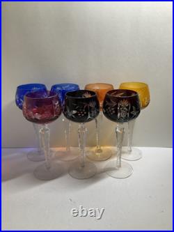 Set Of 7 Nachtmann Dekor Multi-Color Cut To Clear 7 1/2 Crystal Wine Glasses