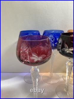 Set Of 7 Nachtmann Dekor Multi-Color Cut To Clear 7 1/2 Crystal Wine Glasses