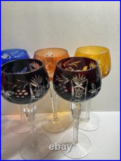 Set Of 7 Nachtmann Dekor Multi-Color Cut To Clear 7 1/2 Crystal Wine Glasses