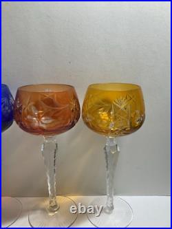 Set Of 7 Nachtmann Dekor Multi-Color Cut To Clear 7 1/2 Crystal Wine Glasses