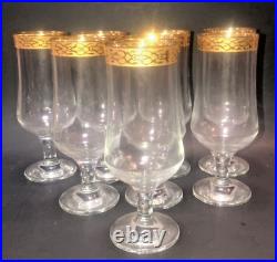 Set Of 8 Crystal Footed Ice Tea Glasses Textured Band Gold Rims Circleware H7.5