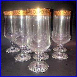 Set Of 8 Crystal Footed Ice Tea Glasses Textured Band Gold Rims Circleware H7.5