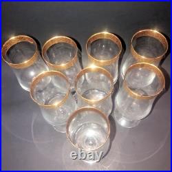 Set Of 8 Crystal Footed Ice Tea Glasses Textured Band Gold Rims Circleware H7.5