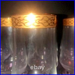 Set Of 8 Crystal Footed Ice Tea Glasses Textured Band Gold Rims Circleware H7.5