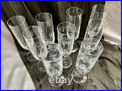 Set Of 9 Bohemian Czech Fine Crystal Grape Vine Etched Champagne Flutes 7.75