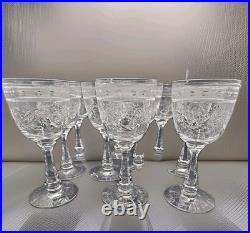 Set Of 9 Vintage Etched Crystal Wine Glasses Wheat Harvest Pattern Mid Century