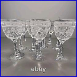 Set Of 9 Vintage Etched Crystal Wine Glasses Wheat Harvest Pattern Mid Century