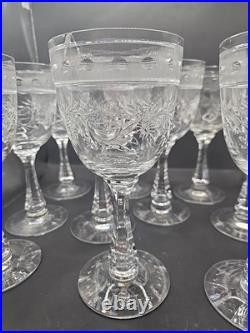 Set Of 9 Vintage Etched Crystal Wine Glasses Wheat Harvest Pattern Mid Century