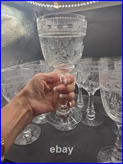 Set Of 9 Vintage Etched Crystal Wine Glasses Wheat Harvest Pattern Mid Century