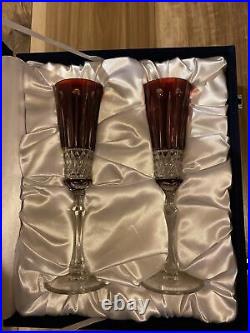 Set Of Faberge Xenia Ruby Red Cut To Clear Crystal Champagne Flutes-signed-case