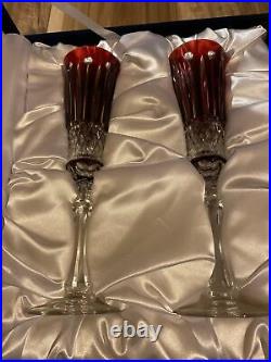 Set Of Faberge Xenia Ruby Red Cut To Clear Crystal Champagne Flutes-signed-case