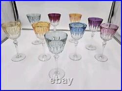 Set Of Nine Colored Wine Glasses, Crystal, Heavy, Multi-colored