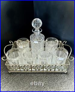 Set Ralph Lauren Crystal Herringbone Decanter, Six Old Fashioned Tumblers & Tray