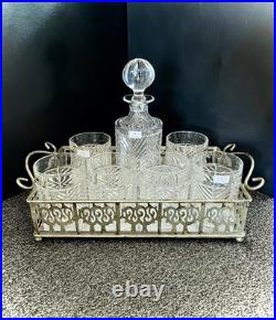 Set Ralph Lauren Crystal Herringbone Decanter, Six Old Fashioned Tumblers & Tray