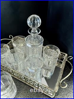Set Ralph Lauren Crystal Herringbone Decanter, Six Old Fashioned Tumblers & Tray