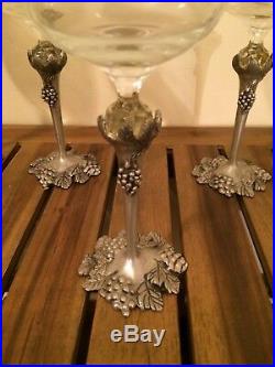 Set Vintage Crystal Wine Glasses Pewter Stems Grape and Leaf Motif