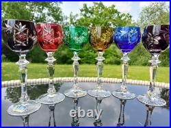 Set for 6 Vintage Multicolor Cut to Clear Crystal Liquer Glasses
