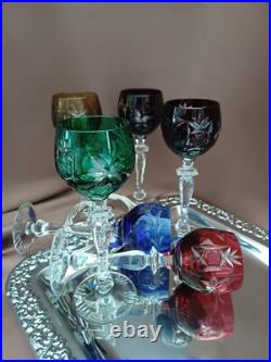 Set for 6 Vintage Multicolor Cut to Clear Crystal Liquer Glasses