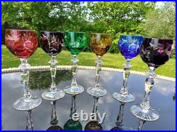 Set for 6 Vintage Multicolor Cut to Clear Crystal Liquer Glasses