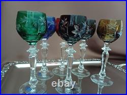 Set for 6 Vintage Multicolor Cut to Clear Crystal Liquer Glasses