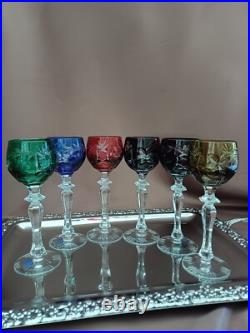Set for 6 Vintage Multicolor Cut to Clear Crystal Liquer Glasses