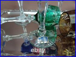 Set for 6 Vintage Multicolor Cut to Clear Crystal Liquer Glasses