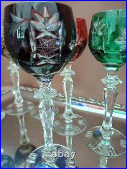 Set for 6 Vintage Multicolor Cut to Clear Crystal Liquer Glasses