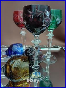 Set for 6 Vintage Multicolor Cut to Clear Crystal Liquer Glasses