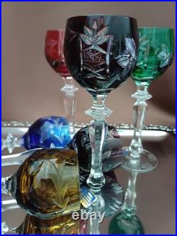 Set for 6 Vintage Multicolor Cut to Clear Crystal Liquer Glasses
