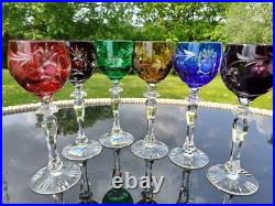 Set for 6 Vintage Multicolor Cut to Clear Crystal Liquer Glasses