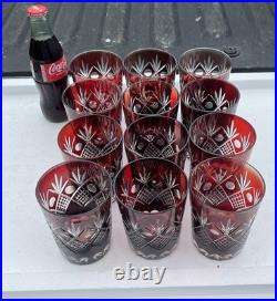 Set of 12 Bohemian Crystal Ruby Red Cut to Clear Tumblers Glasses 4 Tall